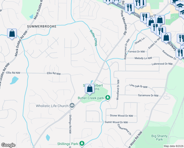 map of restaurants, bars, coffee shops, grocery stores, and more near 2375 Elmhurst Boulevard Northwest in Kennesaw