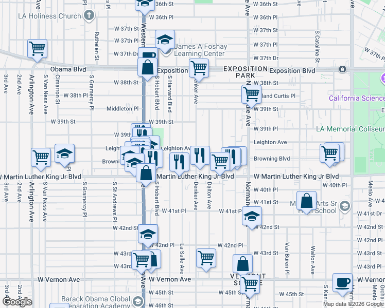 map of restaurants, bars, coffee shops, grocery stores, and more near 3959 Denker Avenue in Los Angeles