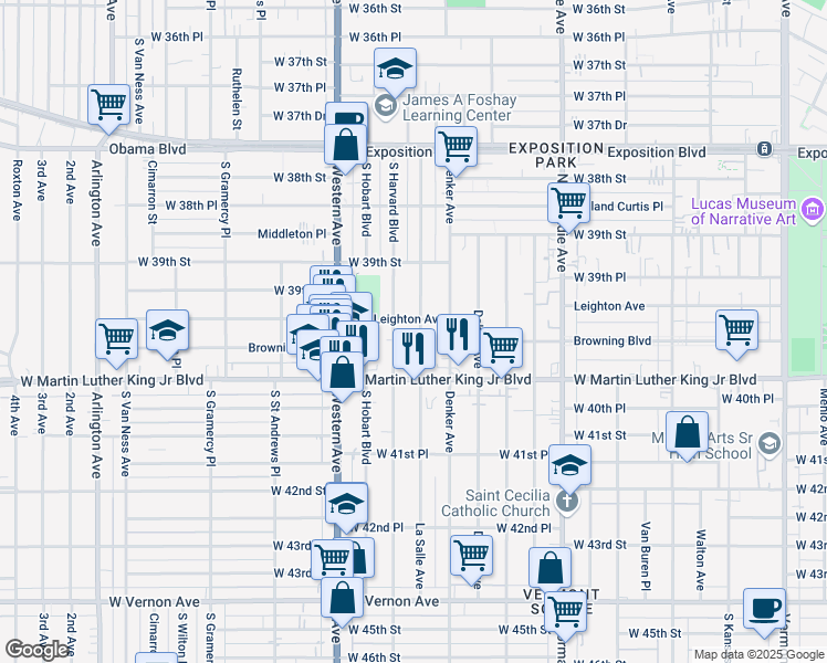 map of restaurants, bars, coffee shops, grocery stores, and more near 3956 South Harvard Boulevard in Los Angeles