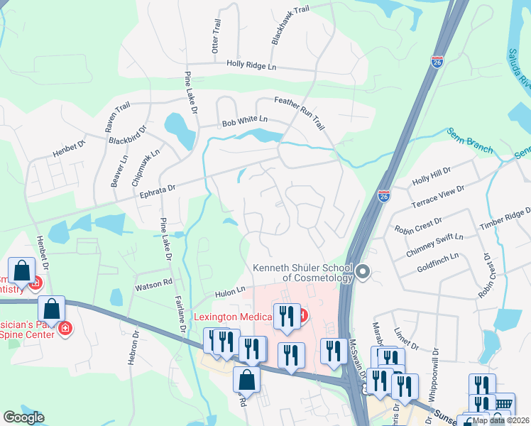 map of restaurants, bars, coffee shops, grocery stores, and more near 614 Ashwood Circle in West Columbia