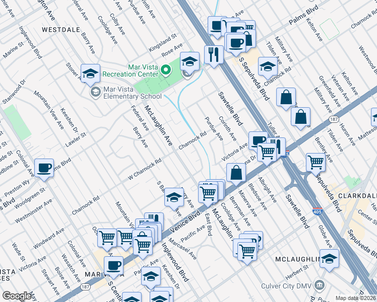 map of restaurants, bars, coffee shops, grocery stores, and more near 11615 Francis Place in Los Angeles