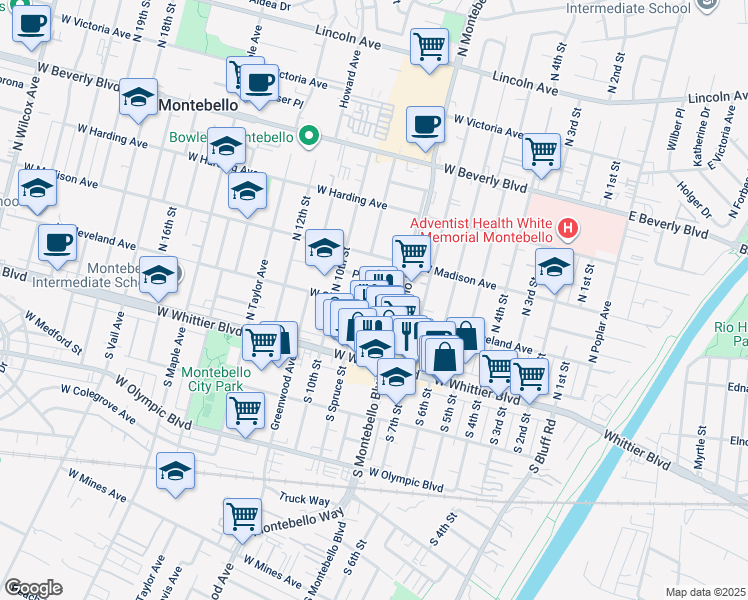 map of restaurants, bars, coffee shops, grocery stores, and more near 825 Palm Place in Montebello