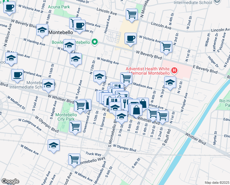 map of restaurants, bars, coffee shops, grocery stores, and more near 825 Palm Place in Montebello