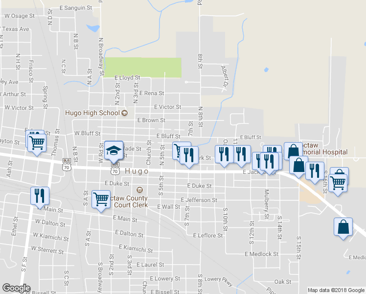 map of restaurants, bars, coffee shops, grocery stores, and more near 402 North 6th Street in Hugo