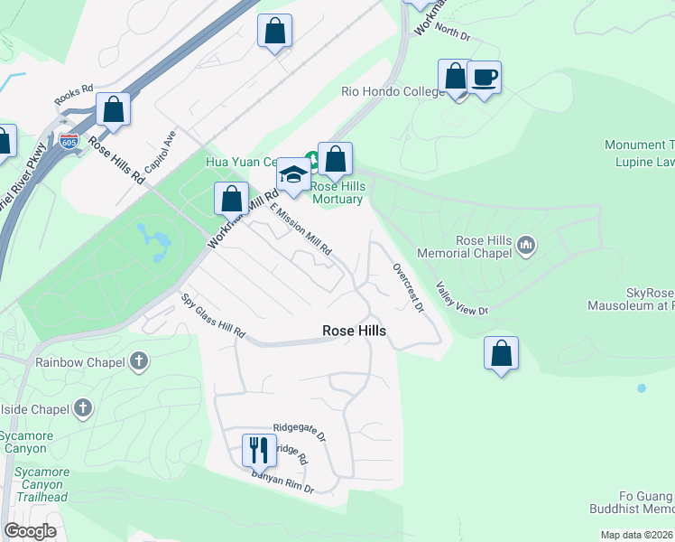 map of restaurants, bars, coffee shops, grocery stores, and more near 4140 Workman Mill Road in Whittier