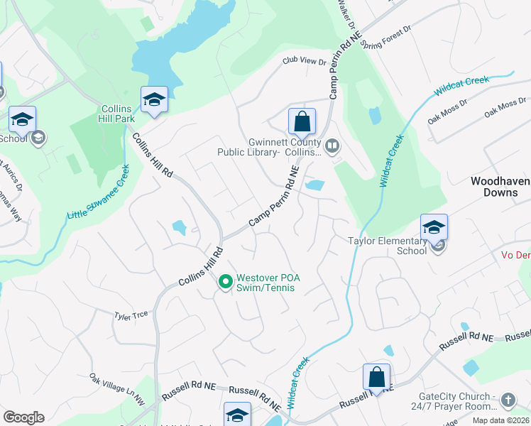 map of restaurants, bars, coffee shops, grocery stores, and more near 396 Camp Perrin Road Northeast in Lawrenceville