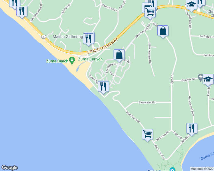 map of restaurants, bars, coffee shops, grocery stores, and more near 6813 Shearwater Lane in Malibu