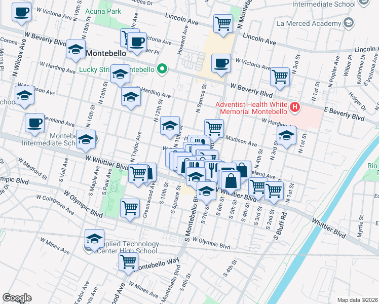 map of restaurants, bars, coffee shops, grocery stores, and more near 836 West Cleveland Avenue in Montebello