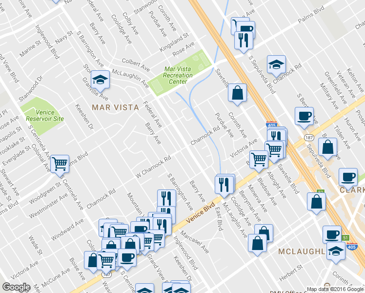 map of restaurants, bars, coffee shops, grocery stores, and more near 3563 McLaughlin Avenue in Los Angeles
