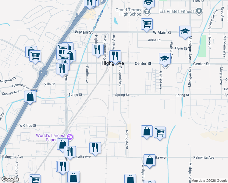 map of restaurants, bars, coffee shops, grocery stores, and more near 490 Transit Avenue in Riverside