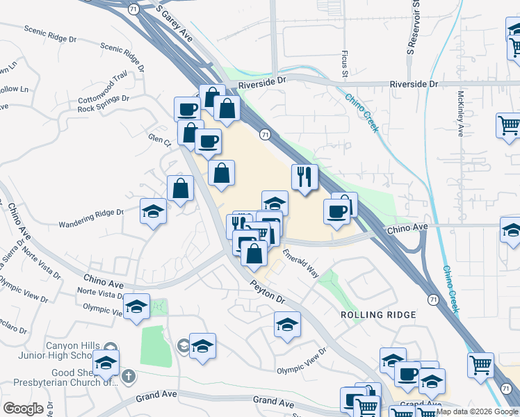 map of restaurants, bars, coffee shops, grocery stores, and more near 2938 Rolling Meadow Drive in Chino Hills