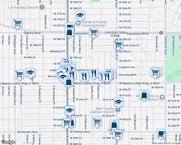 map of restaurants, bars, coffee shops, grocery stores, and more near 3959 Denker Avenue in Los Angeles