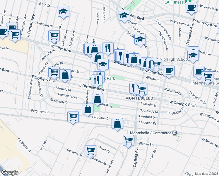 map of restaurants, bars, coffee shops, grocery stores, and more near 6405 East Olympic Boulevard in East Los Angeles
