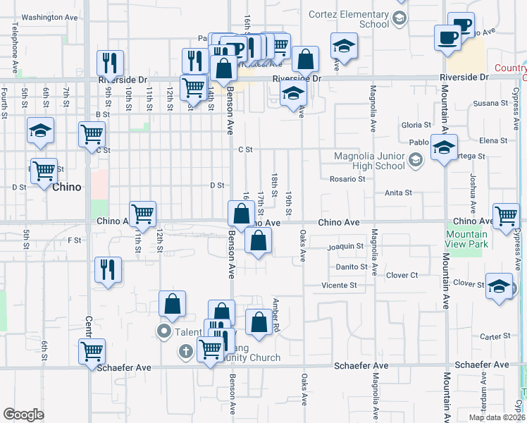 map of restaurants, bars, coffee shops, grocery stores, and more near 13275 17th Street in Chino
