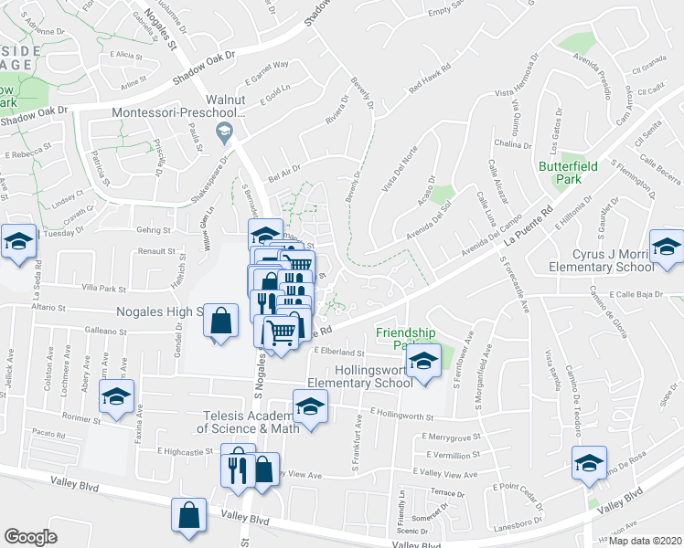 map of restaurants, bars, coffee shops, grocery stores, and more near 3628 Jade Court in West Covina