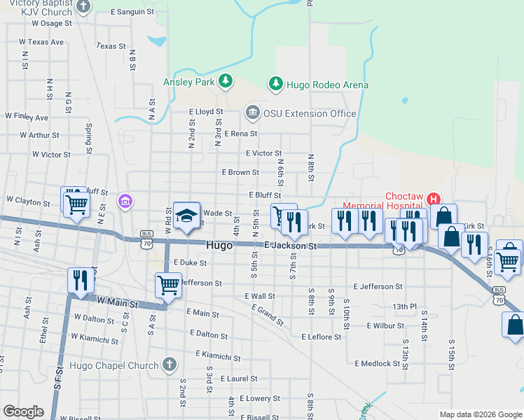 map of restaurants, bars, coffee shops, grocery stores, and more near 501-509 East Clayton Street in Hugo