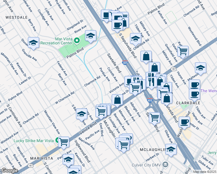 map of restaurants, bars, coffee shops, grocery stores, and more near 3659 Purdue Avenue in Los Angeles