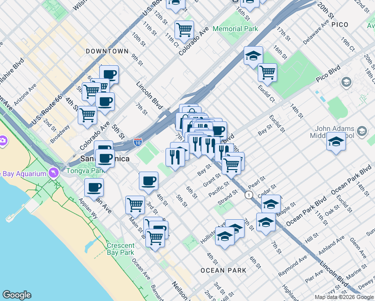 map of restaurants, bars, coffee shops, grocery stores, and more near 1835 7th Street in Santa Monica