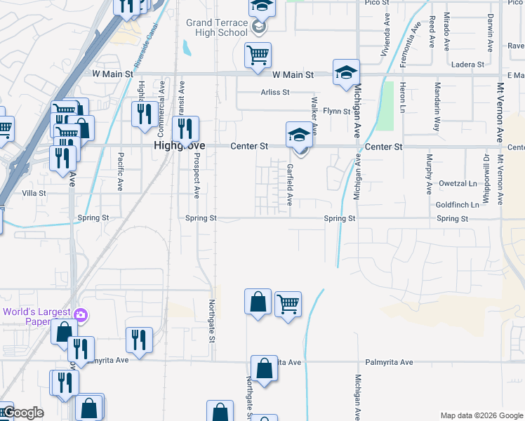 map of restaurants, bars, coffee shops, grocery stores, and more near 877 Spring Street in Riverside