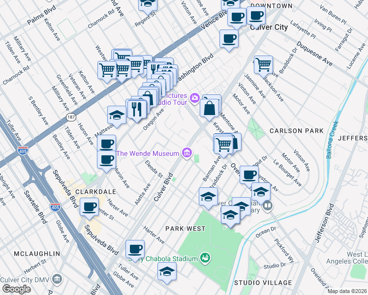 map of restaurants, bars, coffee shops, grocery stores, and more near 4050 Midway Avenue in Culver City