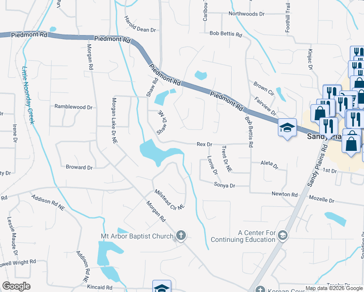 map of restaurants, bars, coffee shops, grocery stores, and more near 1614 Rex Drive in Marietta