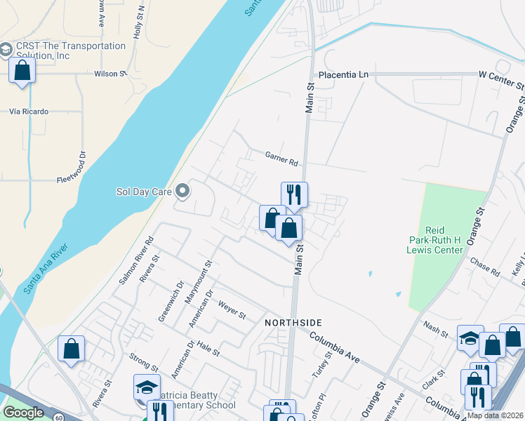 map of restaurants, bars, coffee shops, grocery stores, and more near 4066 Alamo Street in Riverside