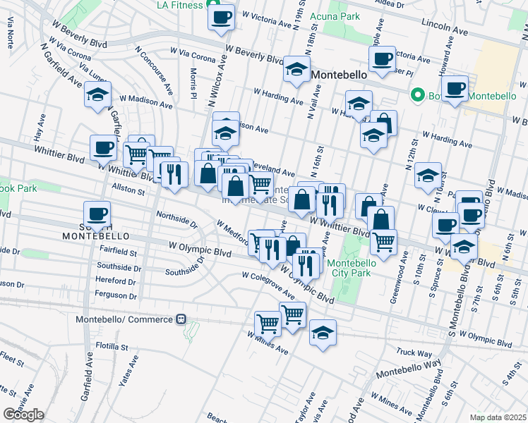 map of restaurants, bars, coffee shops, grocery stores, and more near 1801 West Whittier Boulevard in Montebello