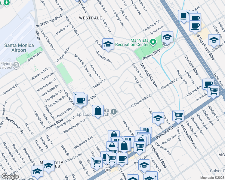 map of restaurants, bars, coffee shops, grocery stores, and more near 3511 Inglewood Boulevard in Los Angeles