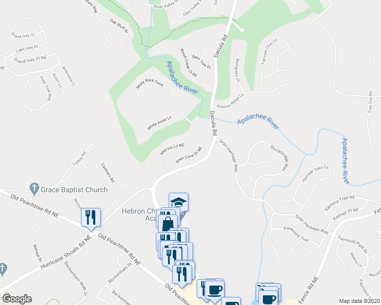 map of restaurants, bars, coffee shops, grocery stores, and more near 2575 Wild Iris Lane Northeast in Dacula