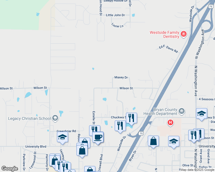 map of restaurants, bars, coffee shops, grocery stores, and more near 2708 Wilson Street in Durant
