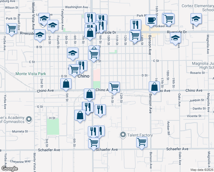 map of restaurants, bars, coffee shops, grocery stores, and more near 13264 10th Street in Chino