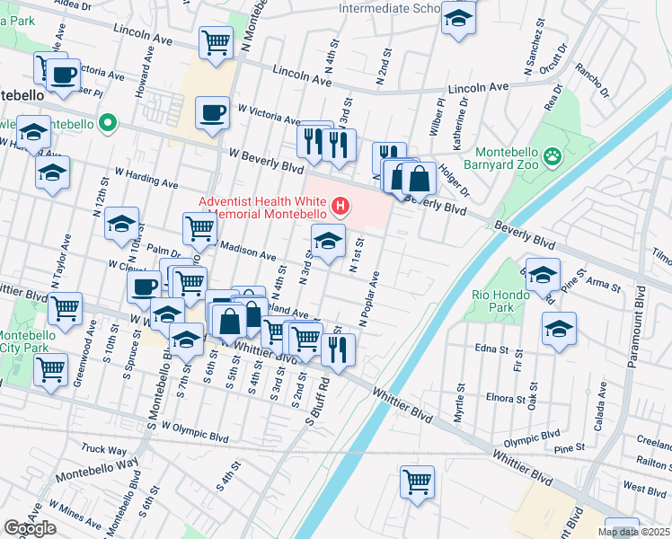 map of restaurants, bars, coffee shops, grocery stores, and more near 200 West Madison Avenue in Montebello