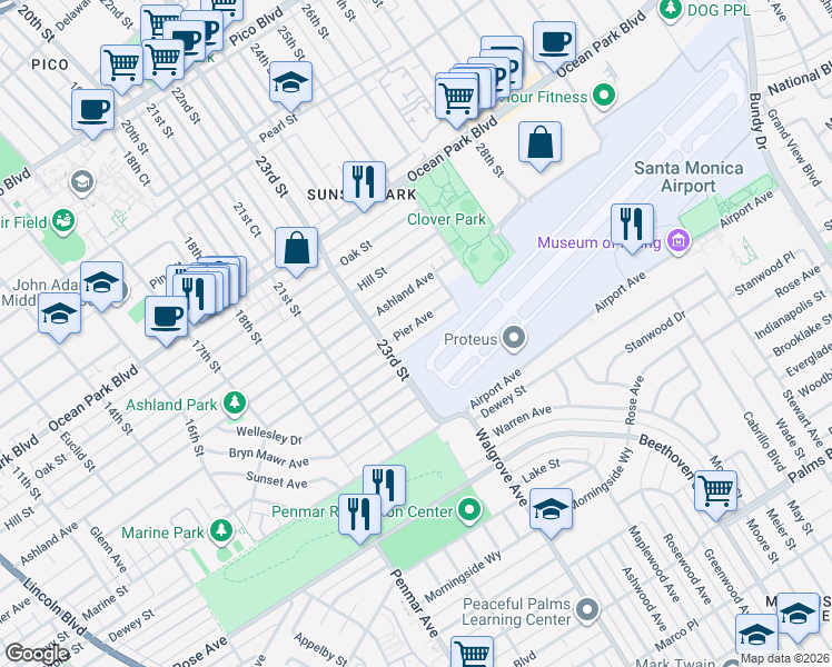 map of restaurants, bars, coffee shops, grocery stores, and more near 2336 Pier Avenue in Santa Monica