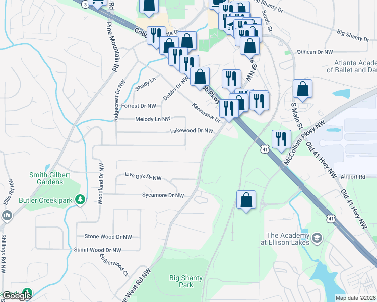 map of restaurants, bars, coffee shops, grocery stores, and more near 2413 Kennesaw Due West Road Northwest in Kennesaw