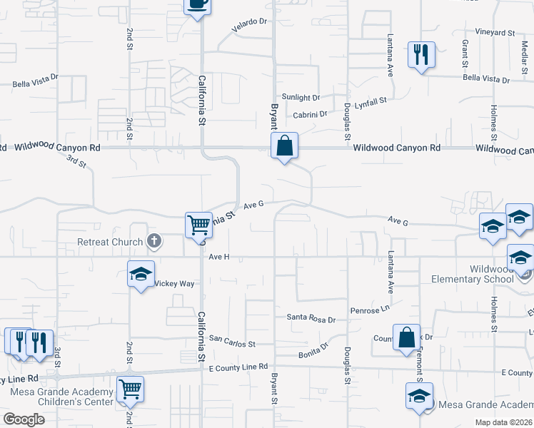 map of restaurants, bars, coffee shops, grocery stores, and more near 13288 Bryant Street in Yucaipa