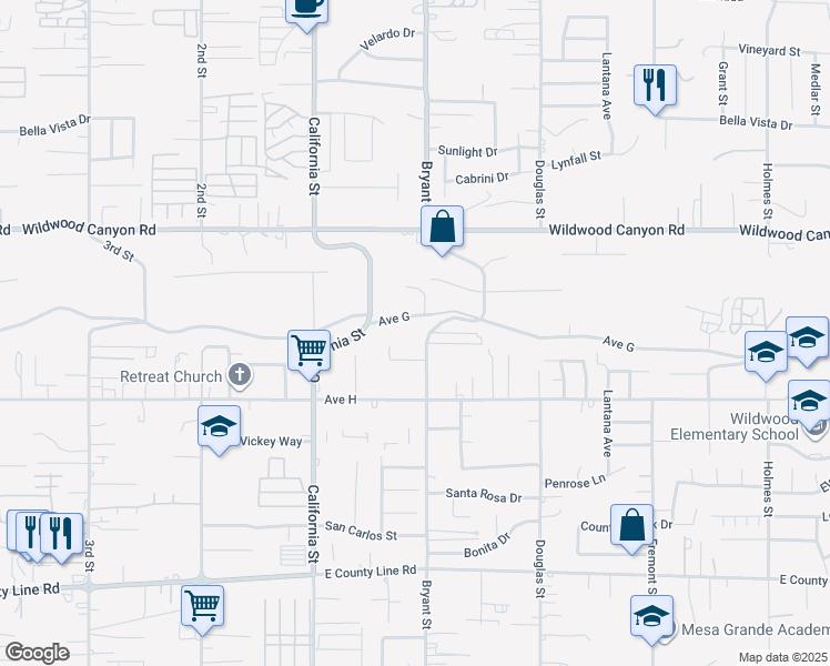 map of restaurants, bars, coffee shops, grocery stores, and more near 13288 Bryant Street in Yucaipa