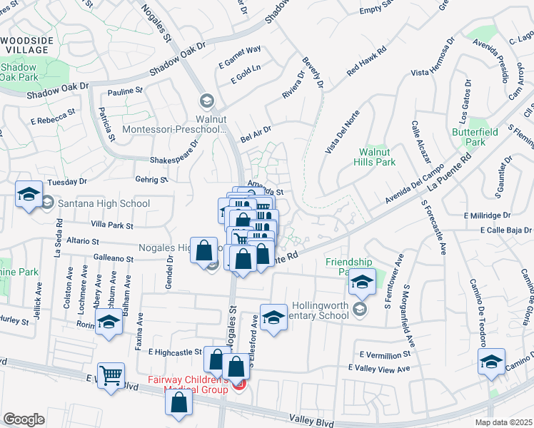 map of restaurants, bars, coffee shops, grocery stores, and more near 3839 Mahogany Street in West Covina