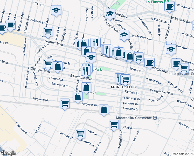 map of restaurants, bars, coffee shops, grocery stores, and more near 6405 East Olympic Boulevard in East Los Angeles