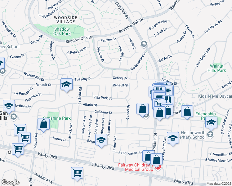 map of restaurants, bars, coffee shops, grocery stores, and more near 341 Faxina Avenue in La Puente