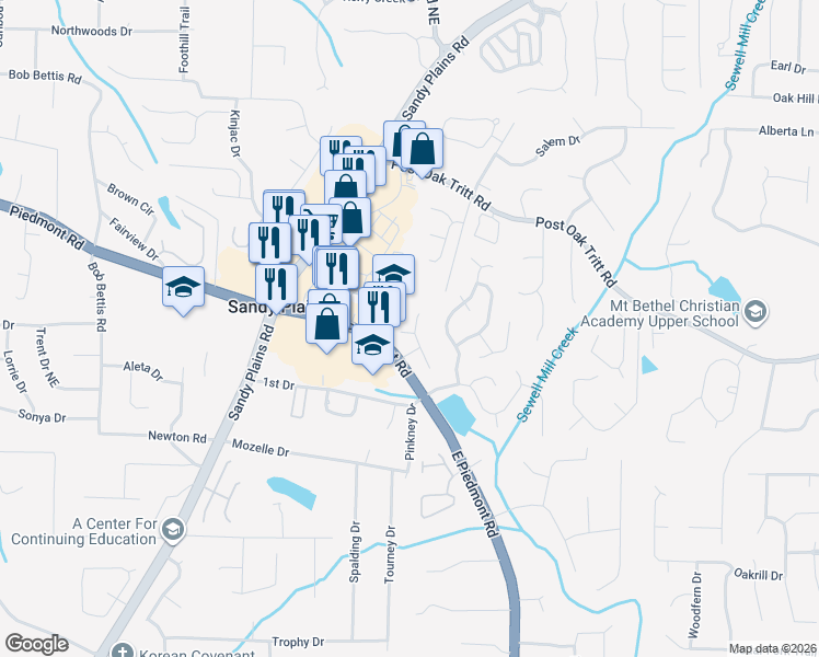 map of restaurants, bars, coffee shops, grocery stores, and more near 2325 Leacroft Way in Marietta