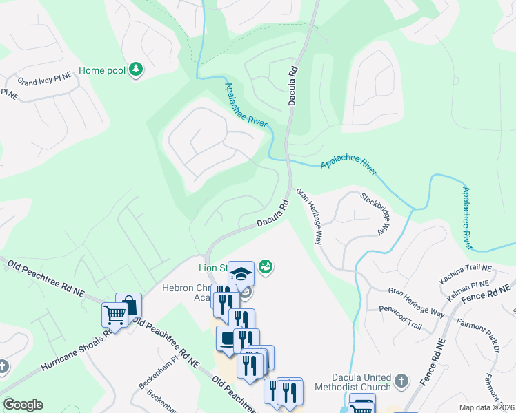 map of restaurants, bars, coffee shops, grocery stores, and more near 700 River Cove Drive Northeast in Dacula
