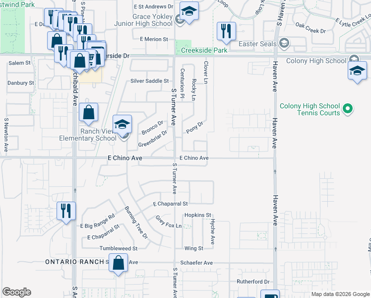 map of restaurants, bars, coffee shops, grocery stores, and more near 3367 Centurion Place in Ontario