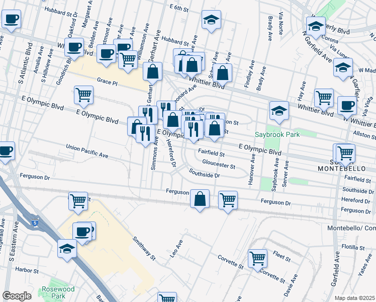 map of restaurants, bars, coffee shops, grocery stores, and more near 5930 Fairfield Street in East Los Angeles