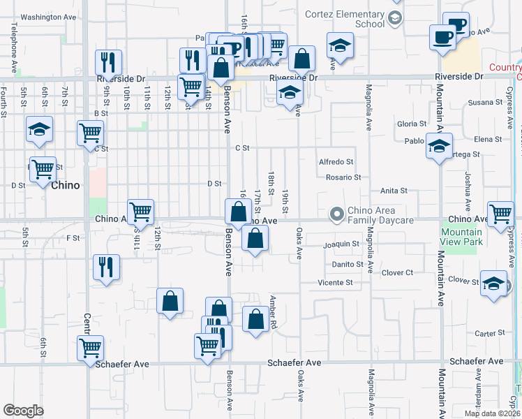 map of restaurants, bars, coffee shops, grocery stores, and more near 13275 17th Street in Chino