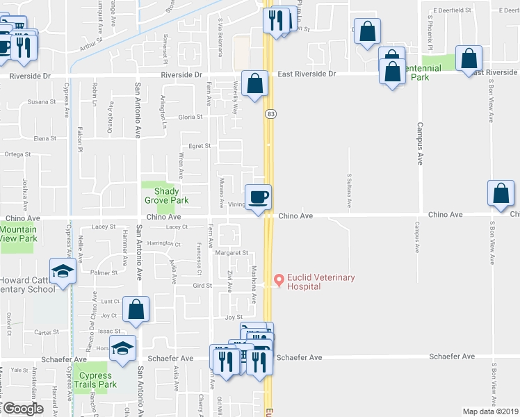 map of restaurants, bars, coffee shops, grocery stores, and more near 13285 Copra Avenue in Chino