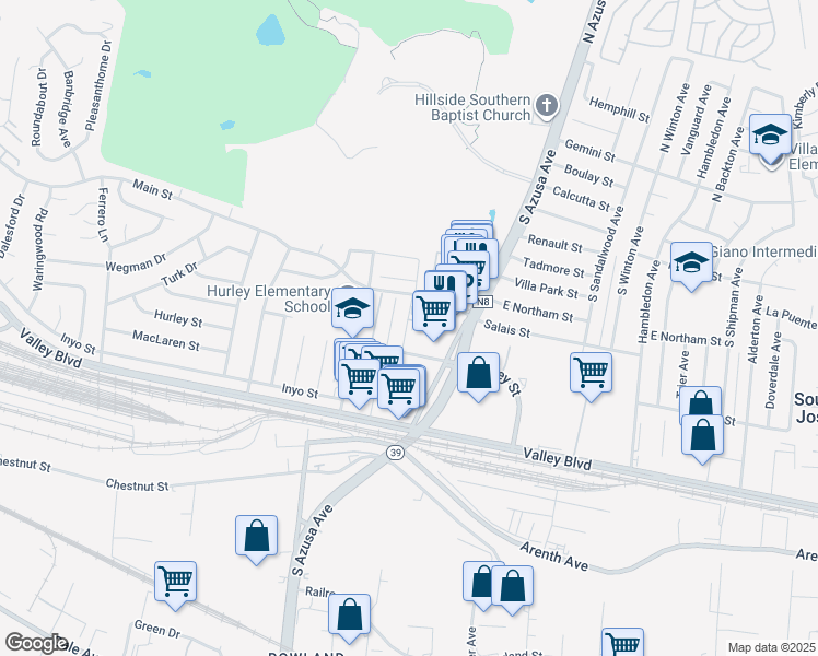 map of restaurants, bars, coffee shops, grocery stores, and more near 8 Leverett Avenue in La Puente