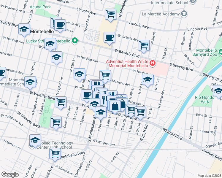 map of restaurants, bars, coffee shops, grocery stores, and more near 225 North 6th Street in Montebello