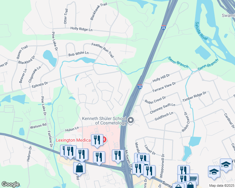 map of restaurants, bars, coffee shops, grocery stores, and more near 2700 Feather Run Trail in West Columbia