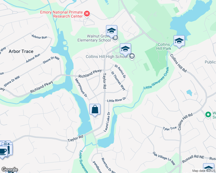 map of restaurants, bars, coffee shops, grocery stores, and more near 174 Saint Georges Court in Suwanee