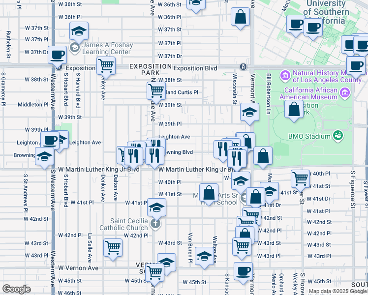 map of restaurants, bars, coffee shops, grocery stores, and more near 1203 Browning Blvd in Los Angeles